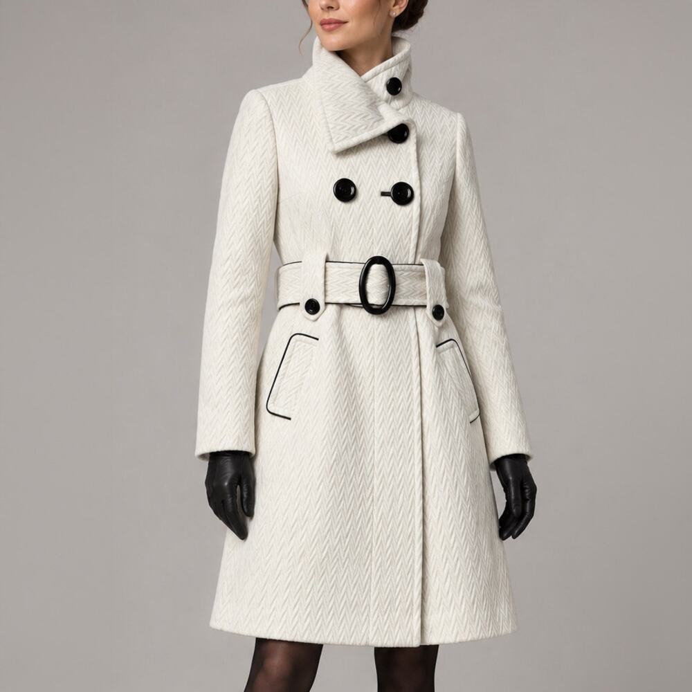 Marciano Ivory Chevron Wool Blend Belted Peacoat Size XS